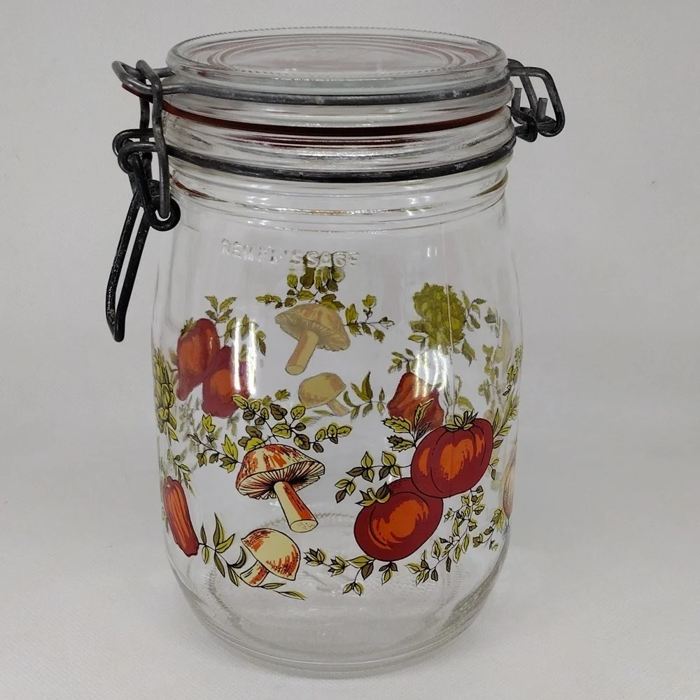 Vintage Arc France Spice‎ of Life Print Glass Hinged Canister 1 Liter